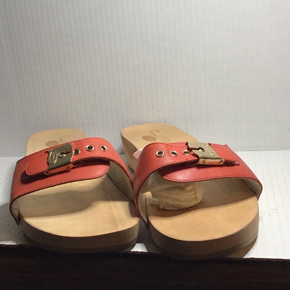 Dr. Scholl's Red Leather Buckle Mules Size 10 Hard Soles